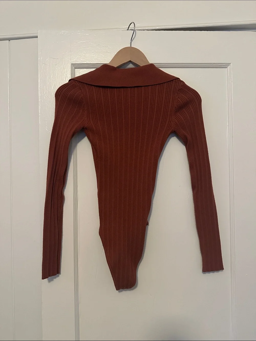 Lulu's Ribbed Long-Sleeve Button-Up Bodysuit in Rust - Picture 2 of 3